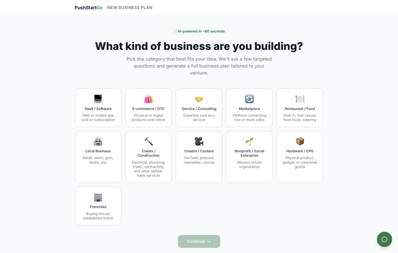 The PushStartGo venture wizard asking what kind of business you are building, with options like SaaS, e-commerce, service, marketplace, local business, and more