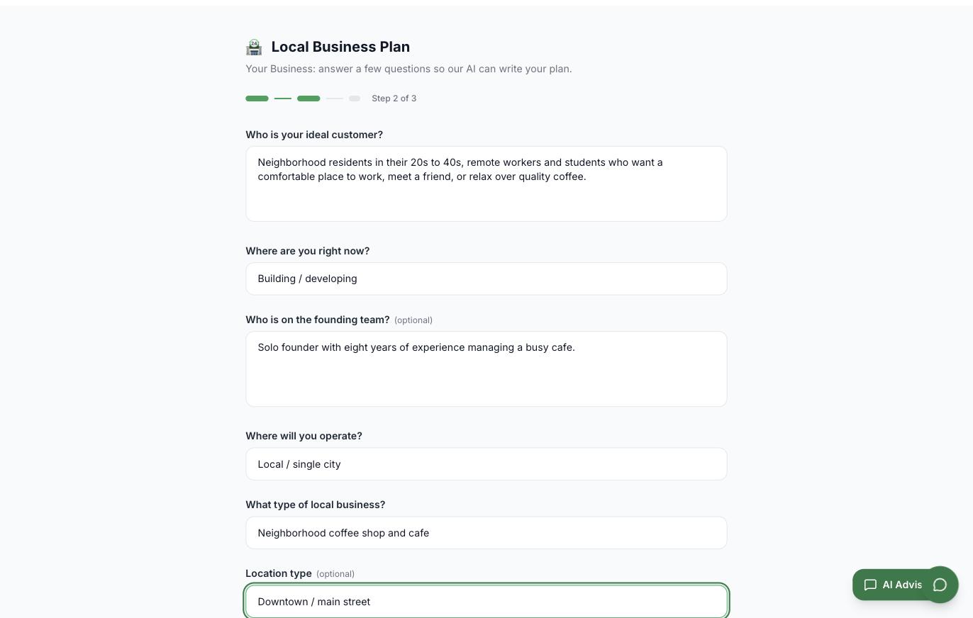 Step two of the wizard, with the ideal customer, current stage, founding team, and geography filled in for a sample coffee shop