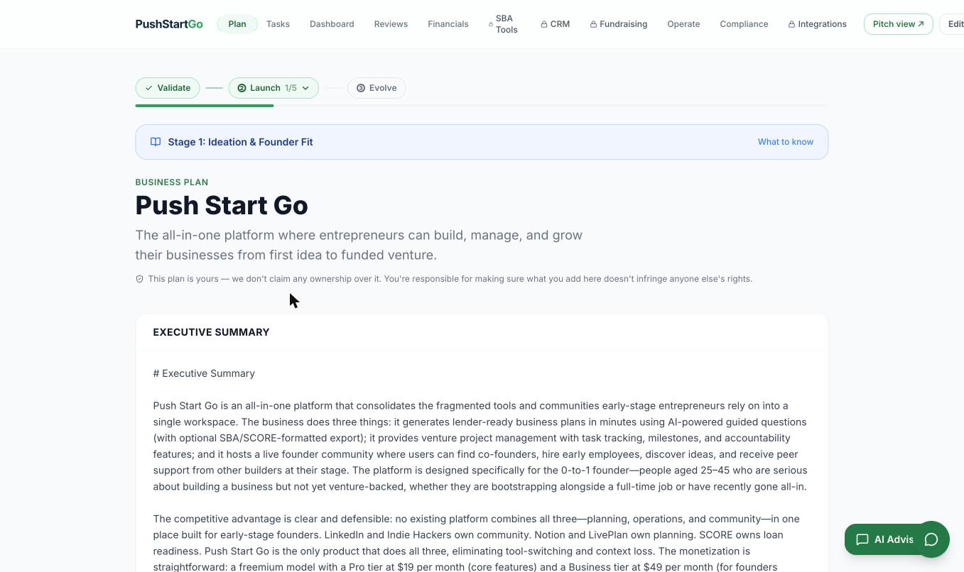 A generated PushStartGo business plan with an executive summary, plus a top navigation showing Plan, Tasks, Dashboard, Financials, CRM, and more